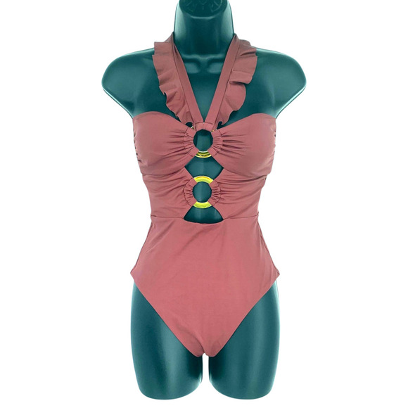 NWT Soluna Sz S Cocoa Buckle Up Gold Ring One Piece Swimsuit Bathing Suit NEW - Picture 2 of 7